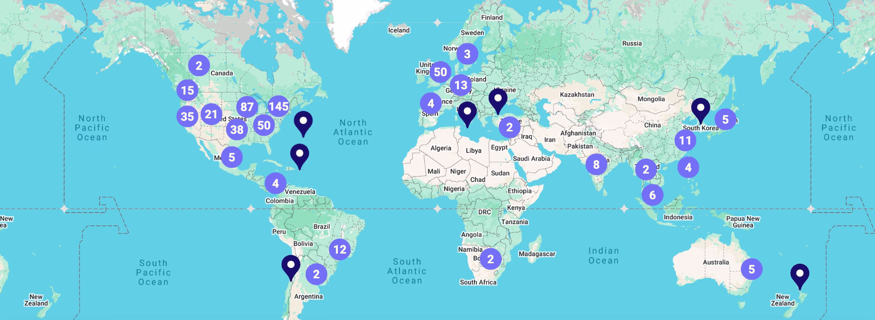 A zoomed-out world map showing ERG pin locations across the globe